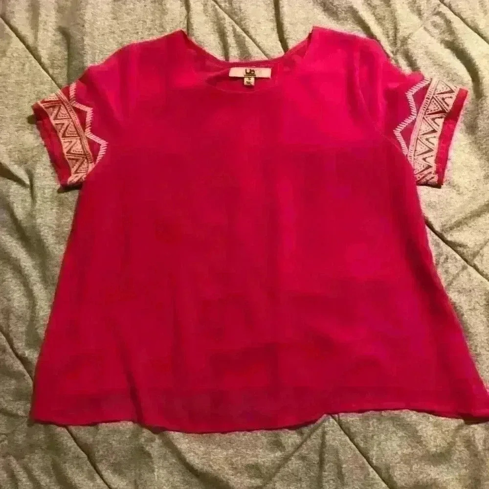 Ya Los Angeles Pink Silk Blend Embroidered Sleeve Split Back‎ Blouse Small